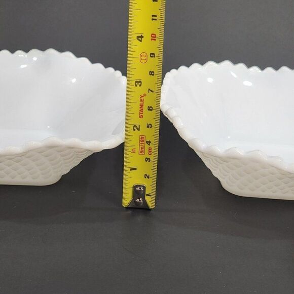 2 Vintage 6" Sq. Hazel Atlas Ruffled Edge Milk Glass Candy Dish Diamond Point - Picture 6 of 10